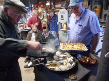Cooking on the wood stove at the Dory Shop