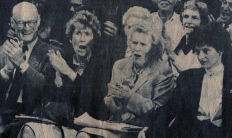 Audience reacts to City Council ruling against the DeMoulas shopping center permit L to r: former Gloucester Mayor Bob French, GCGC President Louise Loud, Betty Smith, GCGC Treasurer Adah Marker, attorney Suzanne Howard Gloucester Daily Times photo, May 14, 1986