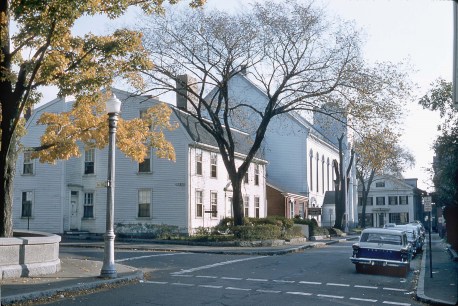 This is the William Dolliver house next door to the Saunders house of similar size with a similar gambrel roof. The church is the Baptist Church taken down years ago, Photo by Harold Dexter, Oct. 1958 Courtesy of Dawn Dexter and CAM